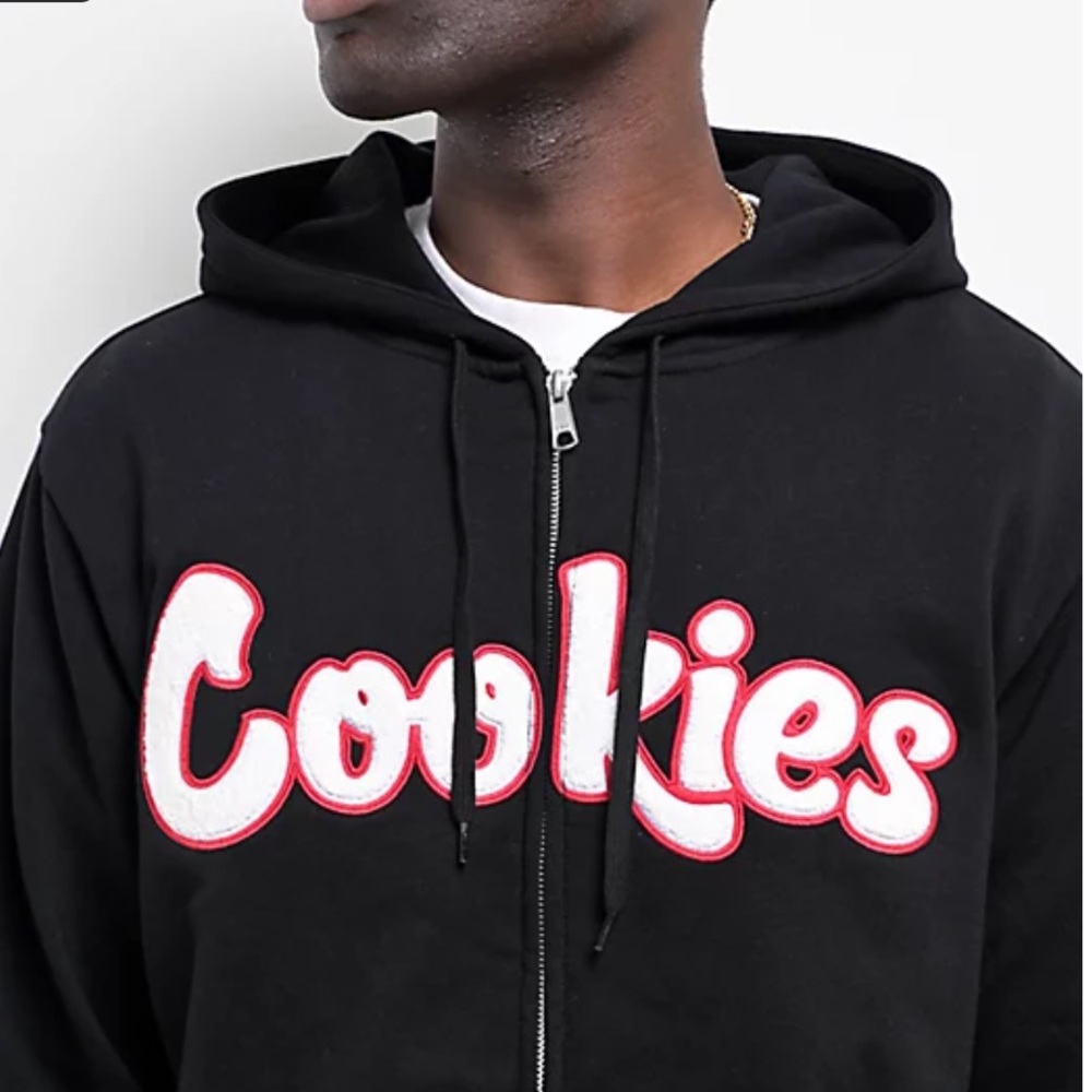Cookies black original chenille appliqué zip front pockets M sweatshirt hoodie - Picture 3 of 16